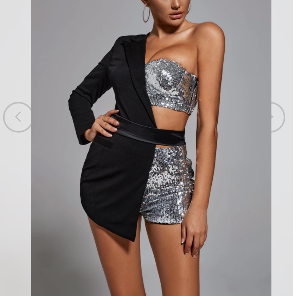 One Sleeve Blazer Romper Sequins Party Dress Small